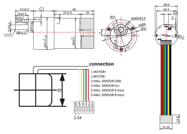 12V 59rpm 169:1 Gear Motor D37x80L mm Encoder 64CPR - Image 2
