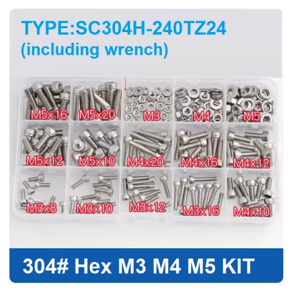 240PACK  M3 M4 M5 Kit 12 Type 304 Stainless Steel Hex Socket Round Head Screw