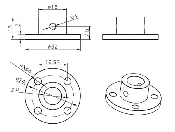 32mm Steel Flange Coupling for 11mm Shaft - Image 2